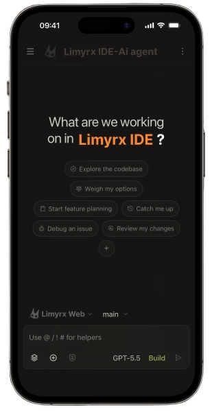 Limyrx Studio IDE session list on mobile
